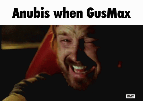 GIF of Jessed from BReaking bad driving and crying and on top is written "Anubis when GusMax"